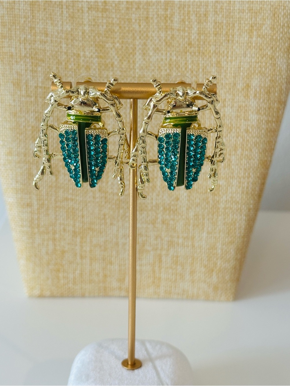 Fashion Jewelry Gold-Tone Beetle Earrings with Green Crystals